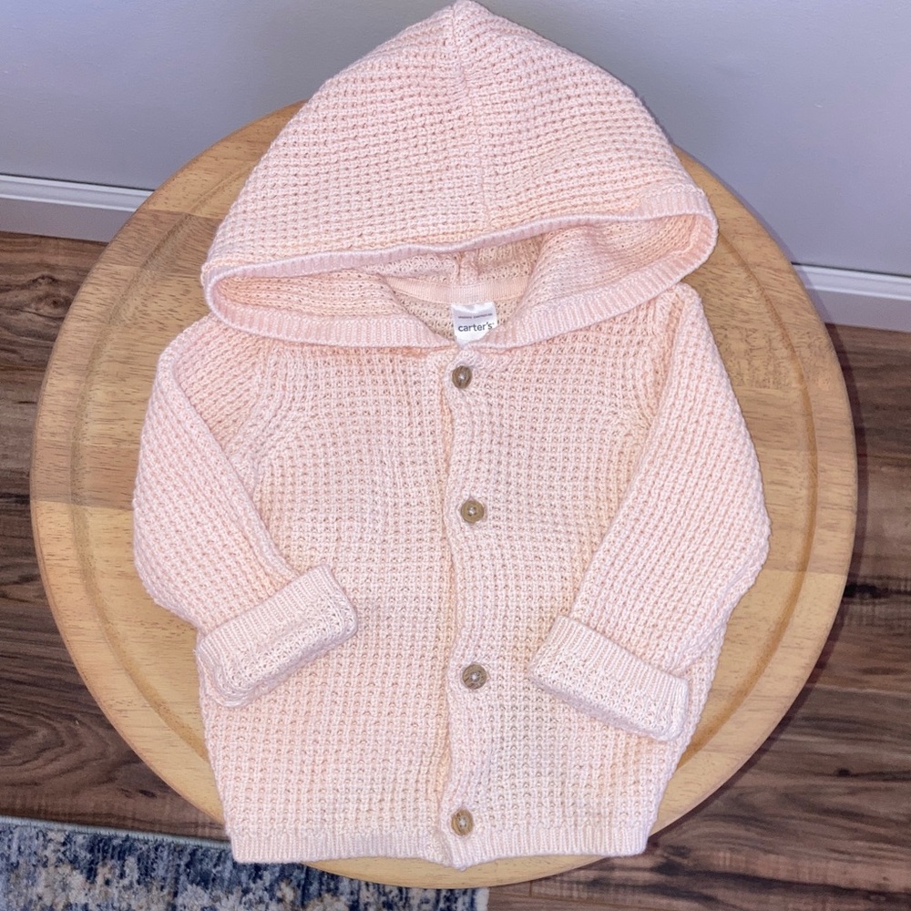 #43. Carter's - Light Pink Knit Button-Down Hooded Jacket